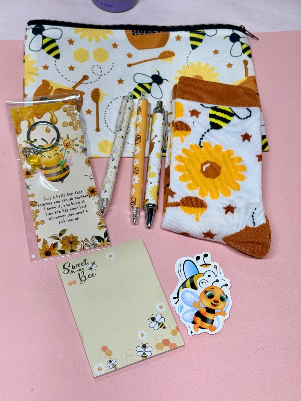 Bee-Themed Accessory Set - Yellow Floral Socks & Stationery